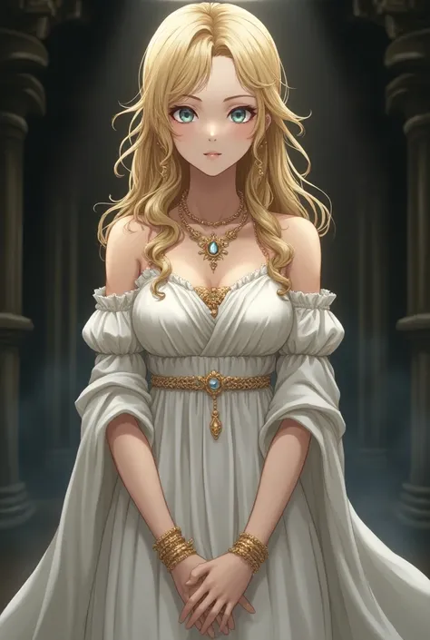 This is an exquisite illustration from a Japanese anime, depicting a beautiful ancient Roman girl, wearing an elegant ivory white classical dress, a gold necklace set with various jewelry, and a gold bracelet. Her blonde locks were styled intricately yet e...