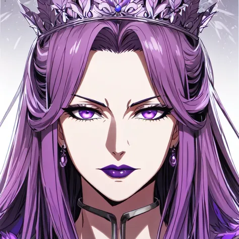 a mature adult woman with a serious and villainous expression with long straight purple hair and intense purple eyes, beautiful purple lips, wearing a type of headband or accessory on her head, it could be made of metal or jewelry. detailed face, greek god...