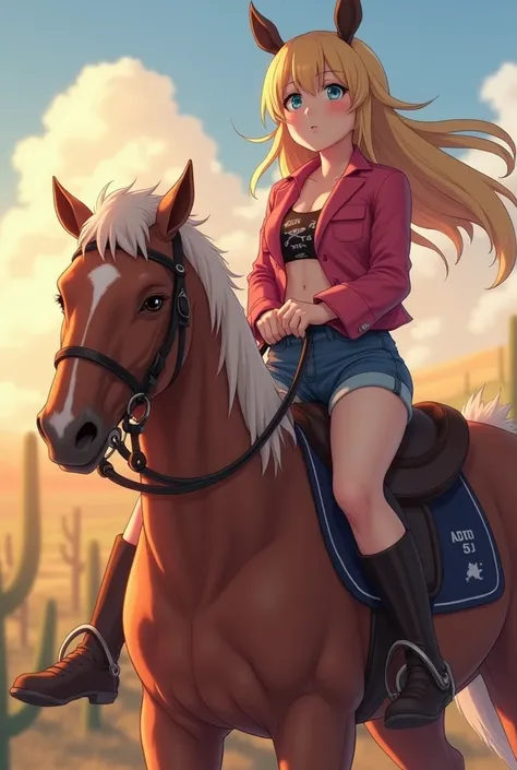 An anime girl fanzing a blow job on a horse