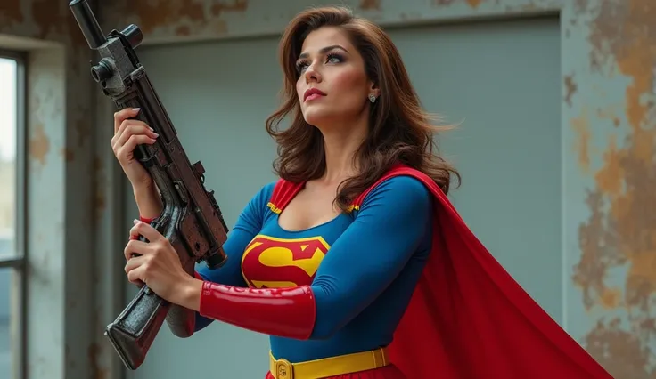 A  Supergirl 1980s (((50 anos de idade; Big ; Supergirl 1980s costume; glued to the body; beautiful and elegant; huge breasts; cabelos castanhos longos))) crushing a steel machine gun, dented/deformed/defective, with your hands, as if it were a ball of pap...