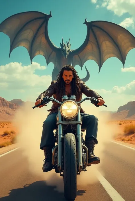 A captivating 80s movie poster showing a Motorcycle Riding Pirate, standing tall and proud, riding a motorcycle on the road with a large dragon chasing him in the background. He has long, unkempt braided hair and a fierce look, and wears leather pirate clo...