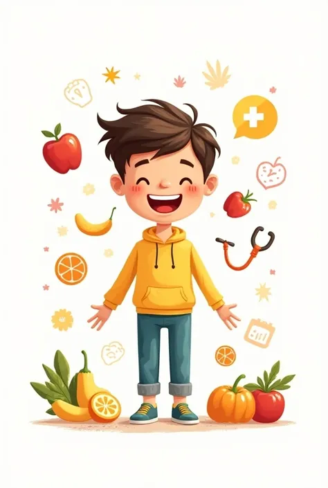 boy on white background , healthy,  happy and surrounded by health-related things,  drawing style heanimadfo 