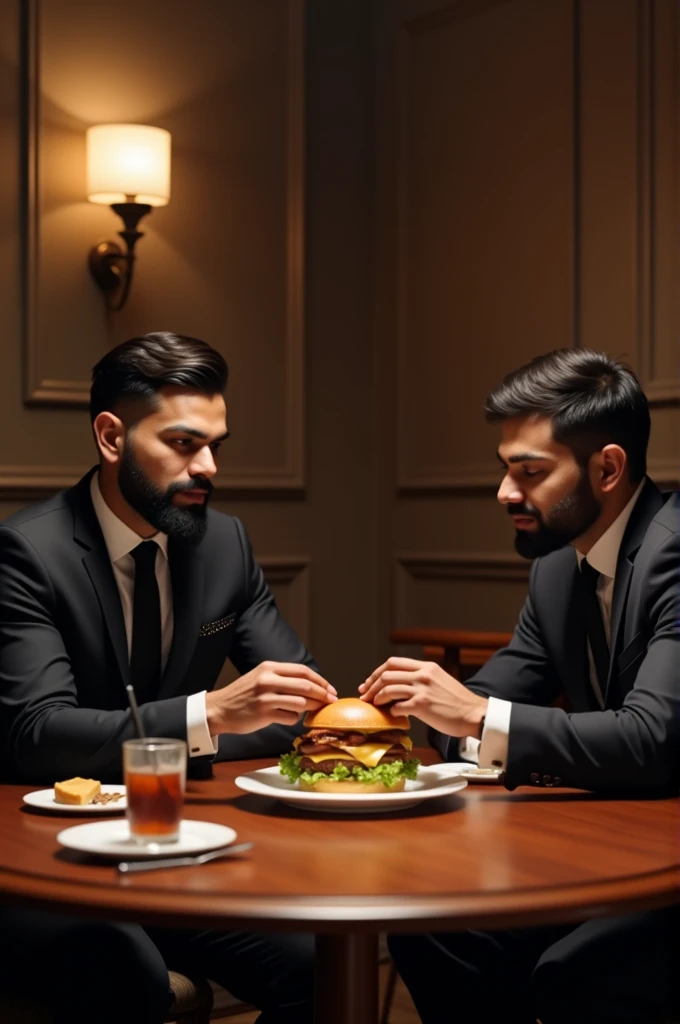 Virat kohli eat burgur, wearing black formal suit, sit on round wood dinnig table with rohit sharma