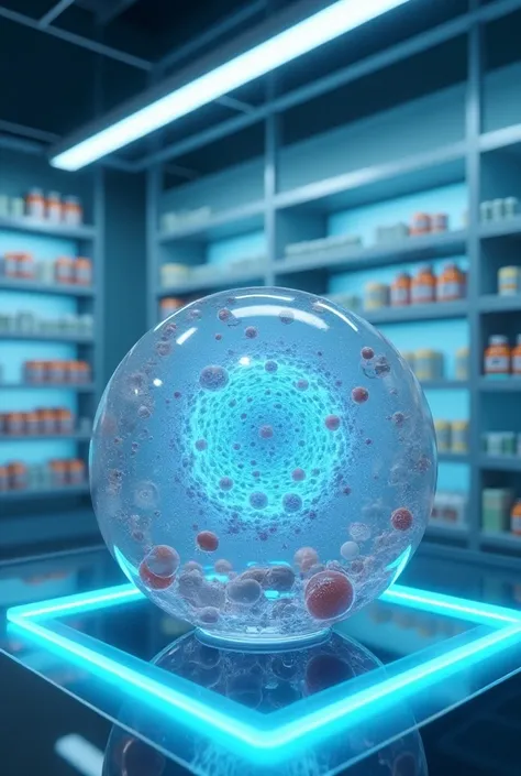 High-tech pharmacy in the year 2100 without robots or humans or anything in between, only drugs that stand out.