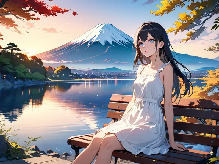 Asahi、lake、Mount Fuji、,The moon is beautiful 、(masterpiece, Best Quality:1.2), Illustration, anime, (Wide Shot), Model shoot, One girl, (Under the arms), Long black hair, Pretty lips, Beautiful Face, beautiful eyes, White sundress, Backlight, Vibrant color...