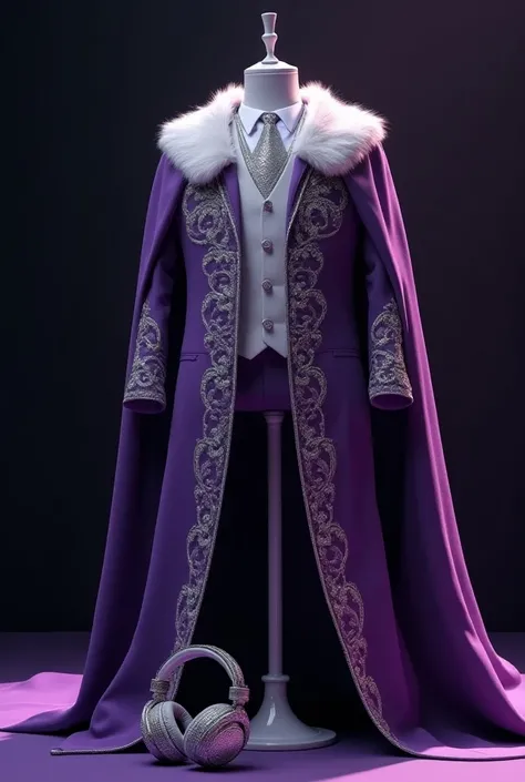 purple kings cape with white hanging and a microphone with diamonds and some headphones with diamonds on the floor