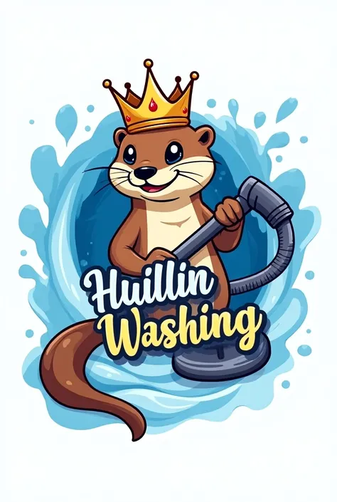  Create a logo for a washing business that is very striking .  It has a brown otter with a crown and a vacuum cleaner and a lot of foam around it. The logo has to be called huillin washing it has to have a blue and white color . Let it be noted that it is ...