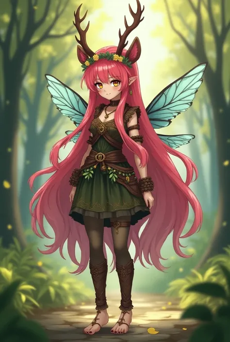  One imponent tall teen girl with long cherry pink hair with two deer horns , a wreath of flowers, elf ears,  eyes with a yellowish background and magenta iris , leaf earrings , baby blue butterfly wings ,  a complex peasant clothing made of leather and le...