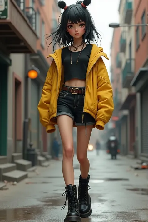 A 14-year-old girl who wore a black blouse under a light yellow jacket that revealed her belly,  along with black mini-shorts and doc martens that hit the ground with every step she took