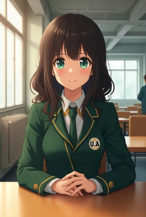 My Hero Academia screenshot 
Girl with dark brown hair,  green eyes, 
In the UA uniform sitting at a UA table smiling 