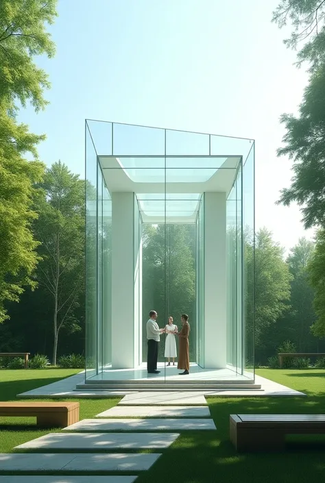 A glass church that is square , that has a roof and 
It is in the center of a park and that you can see the benches inside and a priest inside confessing