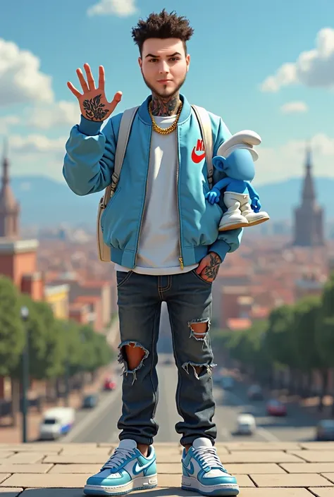 tattooed,   light blue bomber jacket ,  dark ripped jeans,  sneakers Nike air light blue , white t-shirt Nike ,  right hand greeting ,  a white Nike backpack ,  a smurf on the left hand  , gold cord around the neck , and Barcelona in the background , Foto ...