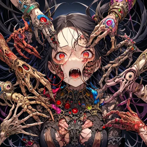 (masterpiece, Best Quality: 1.2), Super detailed,   best detail  , ( Body Horror : 1.4), (biomechanical: 1.3), (Bloody: 1.2), Living Being, ( colorful : 1.2), Devilish Girls Only 、(mechanical: 1.3),  hans giegger , Many Hands, (Zentangle: 1.2),   Black Col...