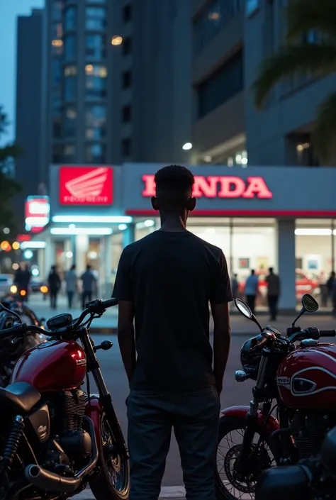 Young black man from Costa in front of the Honda store looking at motorcycles in the city at night 