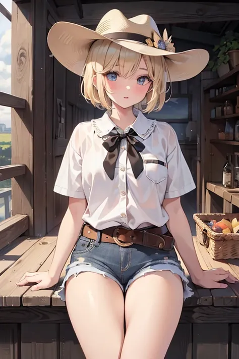 (Best Quality,8k,High resolution,realist,ultra-realist:1.2),blonde girl,short hair,Beautiful and detailed eyes,Beautiful and detailed lips, texan cowboy hat, natural beauty in shorts, cowboy belt, barefoot