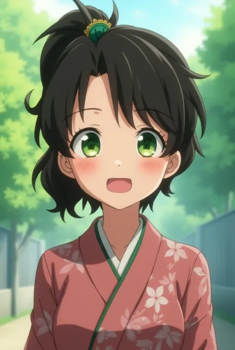 My Hero Academia screenshot 
Girl with dark brown hair,  green eyes, 
With a kimono smiling 