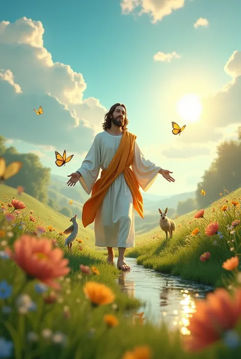  Create a video of a happy Jesus walking under a field surrounded by animals and birds, beautiful butterflies a blue sky , with sun,  clouds and a moving river in 3d .