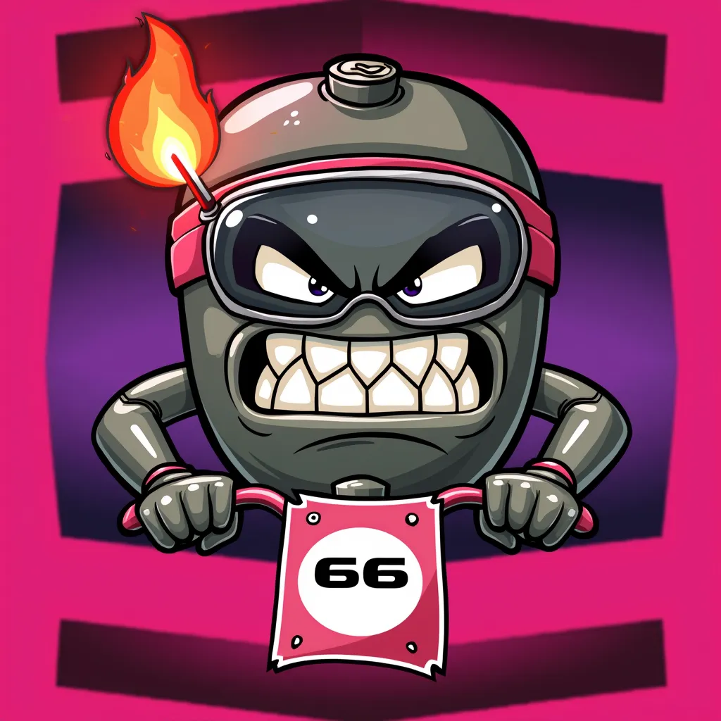  Create a cartoon character in the shape of a lead-colored bomb with his wick on ,  with transparent goggles to show her eyes  , color hot pink  , gloves holding a racing bike ,  a sign on the steering wheel with the number 66  ,  pink background with separations  ,  character must be angry competing  ( character showing her teeth  , front image ) 