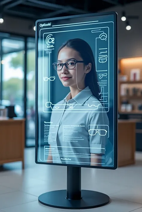  Make an image that shows a service /  product made with augmented reality , One for the physical store
Opticalia ,  that would be a smart mirror where people can try several glasses , which shows several options and recommendations 