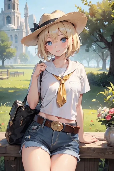 (Best Quality,8k,High resolution,realist,ultra-realist:1.2),blonde girl,short hair,Beautiful and detailed eyes,Beautiful and detailed lips, texan cowboy hat, natural beauty in shorts, cowboy belt, barefoot