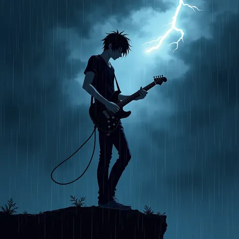 The scene opens with the silhouette of an attractive male character playing electric guitar in pouring rain, standing on a high cliff. Dark clouds, as the rain falls, occasionally flashes of lightning illuminate the figure. The camera constantly moves arou...