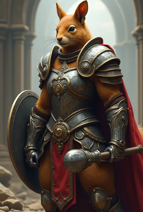  This female paladin squirrel is a powerful and fearsome figure ,  in its mixture of animality and nobility .  With his two meters of height and muscular build ,  she wears brilliant and detailed armor ,  forged with polished metals that reflect the light ...