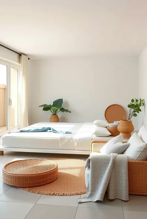 " Minimalist room design with natural elements and soft colors, transmitting peace and balance  ":
