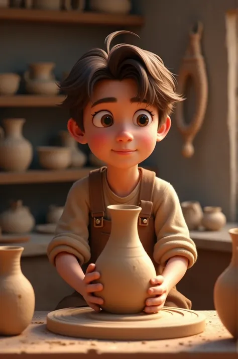 Lucas,  a 25-year-old craftsman with short brown hair and simple, worn clothes,

Lucas,  with a thoughtful and determined look ,  is back on his ceramic wheel ,  molding a new vase .  The scene shows Lucas with a more focused expression , starting over ,  ...