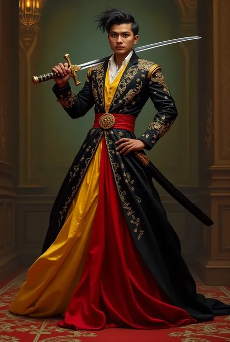 Fattah Amin as a mischievous Swordsman wearing a glamorous black red and yellow dress