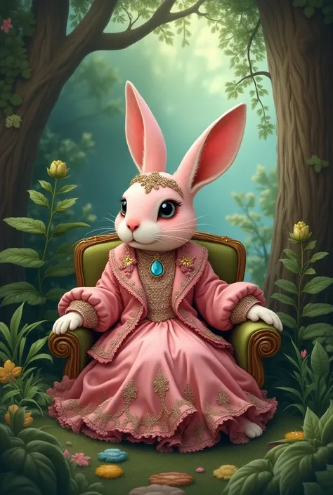 The pink rabbit lives a luxurious life in the forest comfortably. The picture is in the style of Aesops fables for ren.