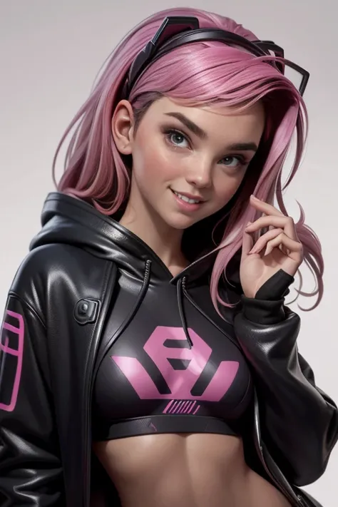 Cute girl with pink hair, black sweatshirt, AuriculAres, cyberpunk,  looking at the spectator, hair band,  seductive pose ,  Slim Body Coats,  seductive smile ,  Natural lighting,  ultra resolution ,  plain white background , without patterns, No textures.