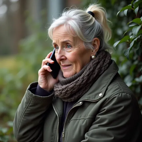  older woman talking on cell phone,  using WhatsApp , sirloin , peas,  weather 