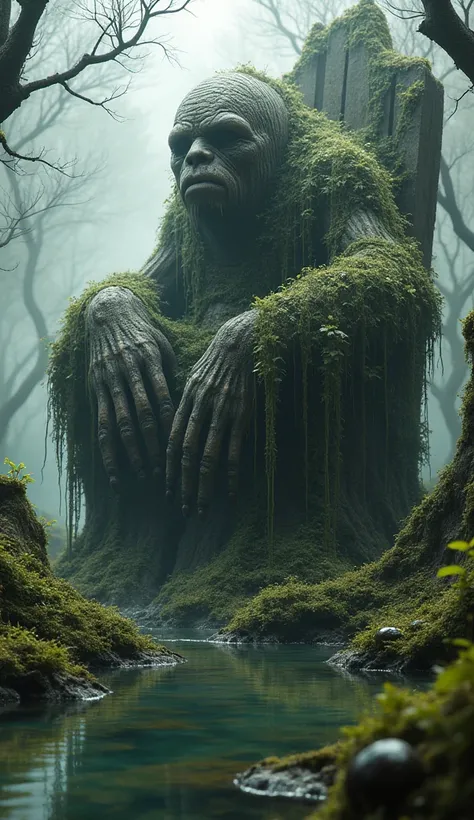 Massive sloth-like beast, slumped and covered in moss, lying atop a decaying throne, a misty swamp with withered trees, drooping eyes and vines hanging from its body like veins, stagnant water reflecting its immense figure, sagging skin blending with overg...