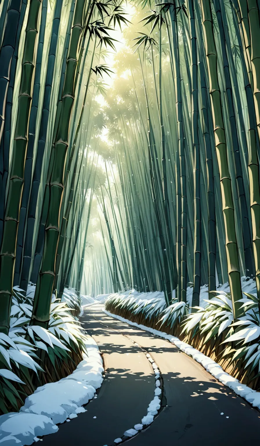 there is snow on the road and bamboo leaves in the bamboo grove