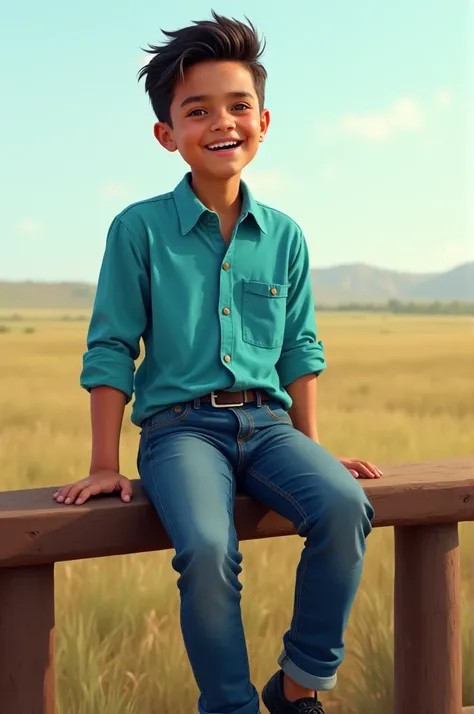 Venezuelan boy from the plain ,  sitting on the edge of a railing or fence,  wearing a turquoise button-down shirt ,  pants jeans and black shoes ,  smiling cheerfully 