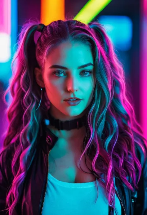 Photo of a woman with long wavy hair, portrait, vibrant neon colors, cyberpunk aesthetic, high contrast, sharp details, first-person view, taken with a Canon EOS R5, 50mm f/1.2 lens --ar 1:1