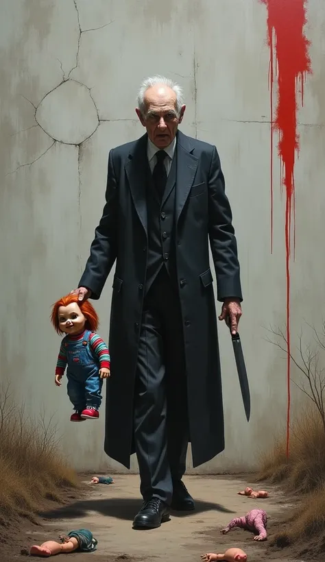  A minimalist oil painting of a ,   mysterious older Addams from Wednesday dragging a smiling Chucky doll down a muddy path with his right hand,  carrying a large butcher knife in his other hand ,  against a background of a large cracked light gray wall wi...