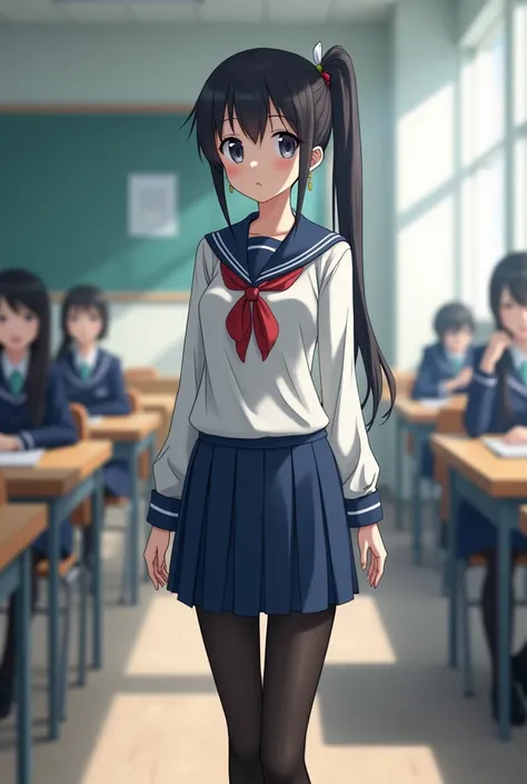  The character in the image is female ,  she has black hair with a ponytail ,  she wears a third-grade high school uniform in Japan, She has a blue skirt ,  the characters skin is Güera ,  she has black shoes with black tights 