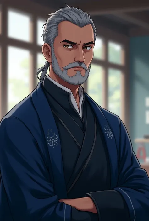 Male mage in his early 40s with slightly graying black hair, short and neat, and a slightly graying beard. He has a thin, wiry frame, typical of a scholar or mage, and a serious, mature expression. His robes are traditional mage attire, resembling those of...