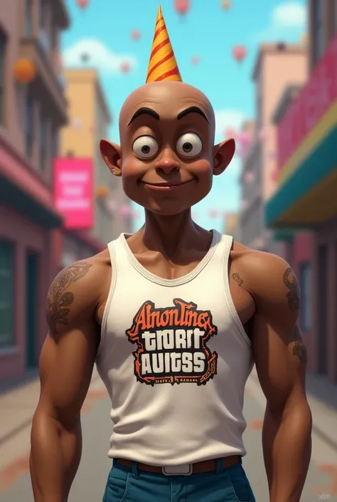 Mike Wazowski and cj adult African-American hairless man  ,  white tank top from the game GTA San Andreas celebrating a birthday 