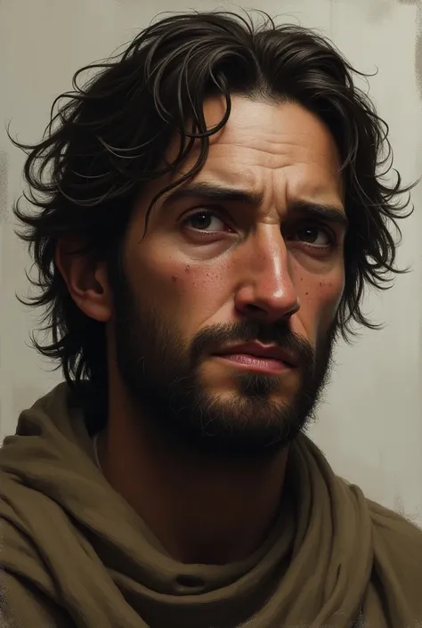 High-fidelity human portraits stylize the image of the very distressed disciple Daniel, with a sad and haggard expression, illuminating his face. looking forward, in reflection.