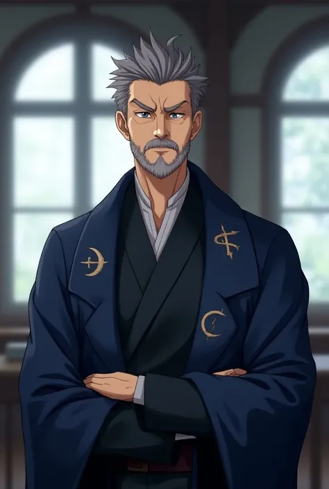 Male mage in his early 40s with slightly graying black hair, short and neat, and a slightly graying beard. He has a thin, wiry frame, typical of a scholar or mage, and a serious, mature expression. His robes are traditional mage attire, resembling those of...