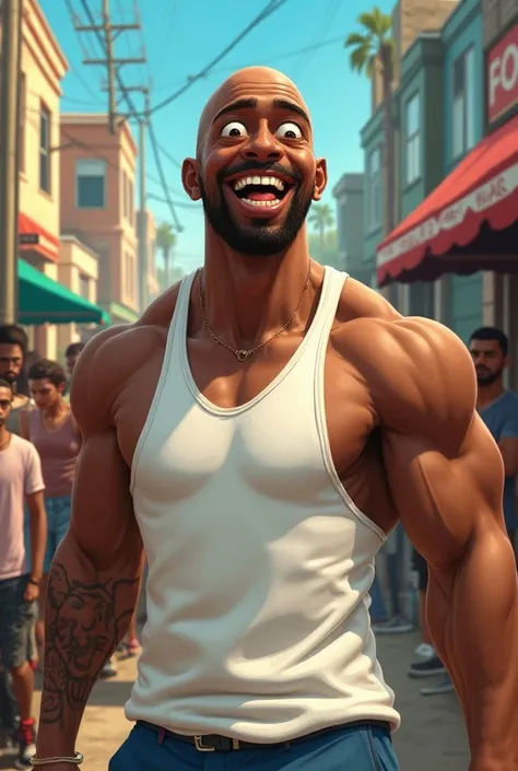 Mike Wazowski with CJ adult African-American hairless man ,  white tank top from the game GTA San Andreas celebrating a birthday 