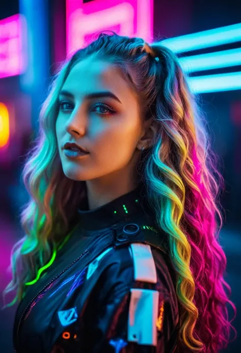 Photo of a woman with long wavy hair, portrait, vibrant neon colors, cyberpunk aesthetic, high contrast, sharp details, in focus, taken with a Canon EOS R5, 50mm f/1.2 lens --ar 1:1