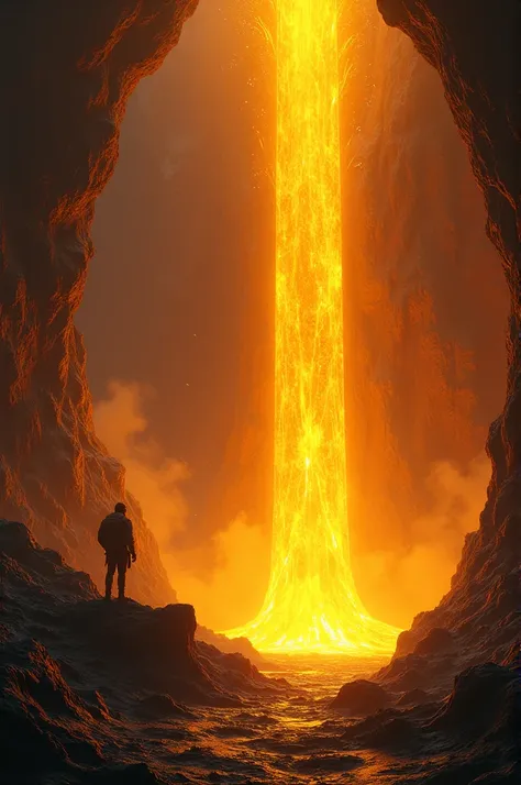  A giant heart of incandescent yellow lava, inside a mountain cave ,  next door a man who observes it with amazement  