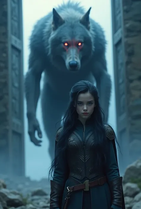 1 Viking girl  ,   blue eyes,   black hair,  zoom level ,   background blur  , motion blur,  Glowing light 8K  ,    With her companion ,  the wolf with glowing red eyes that is 40 meters high, they are standing in front of the Valhalla Gate.  high resoluti...