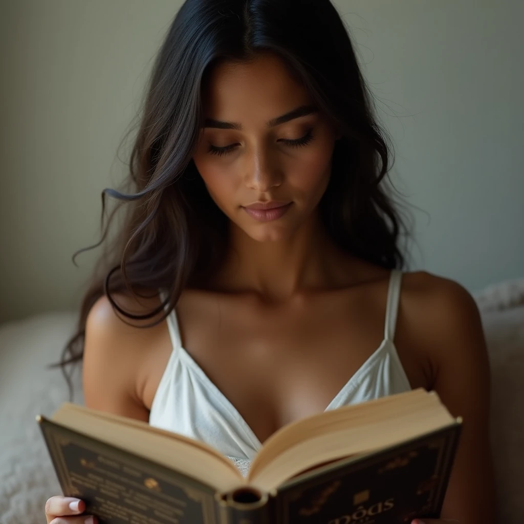  Believe me the photo of a brown girl , Slim very beautiful Colombian ,  sitting reading a realistic photo book