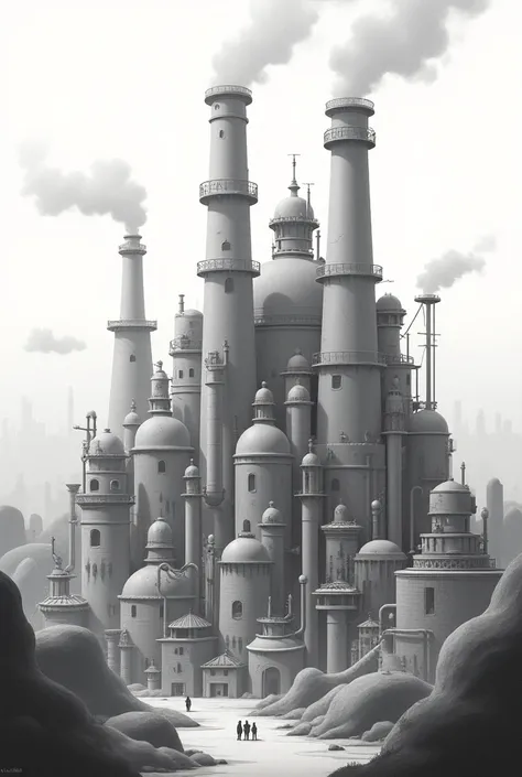 Make me a city with cartoon factories without people in shades of gray