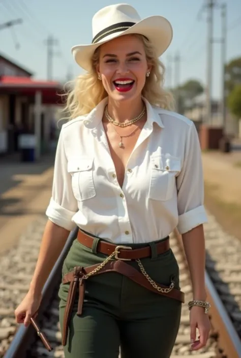 marilyn monroe, wearing an White deep-necked guide shirt, laughing with her mouth open, red lipstick accentuating her smile, accessorized with a stylish belt, holding a leather whip, jewerly, white skin, wide hips, lady walking on rails, australia,
