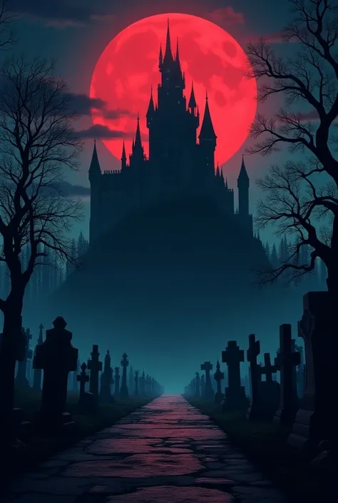 A dark castle at night with a blood moon above as a graveyard stands in front of it in a yugioh art style
